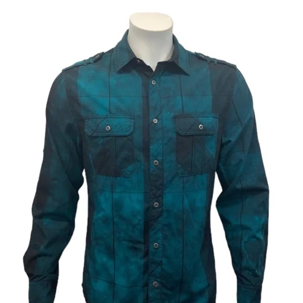 Rock & Republic Liquid Green Black Plaid Design Long Sleeve Shirt Size Small